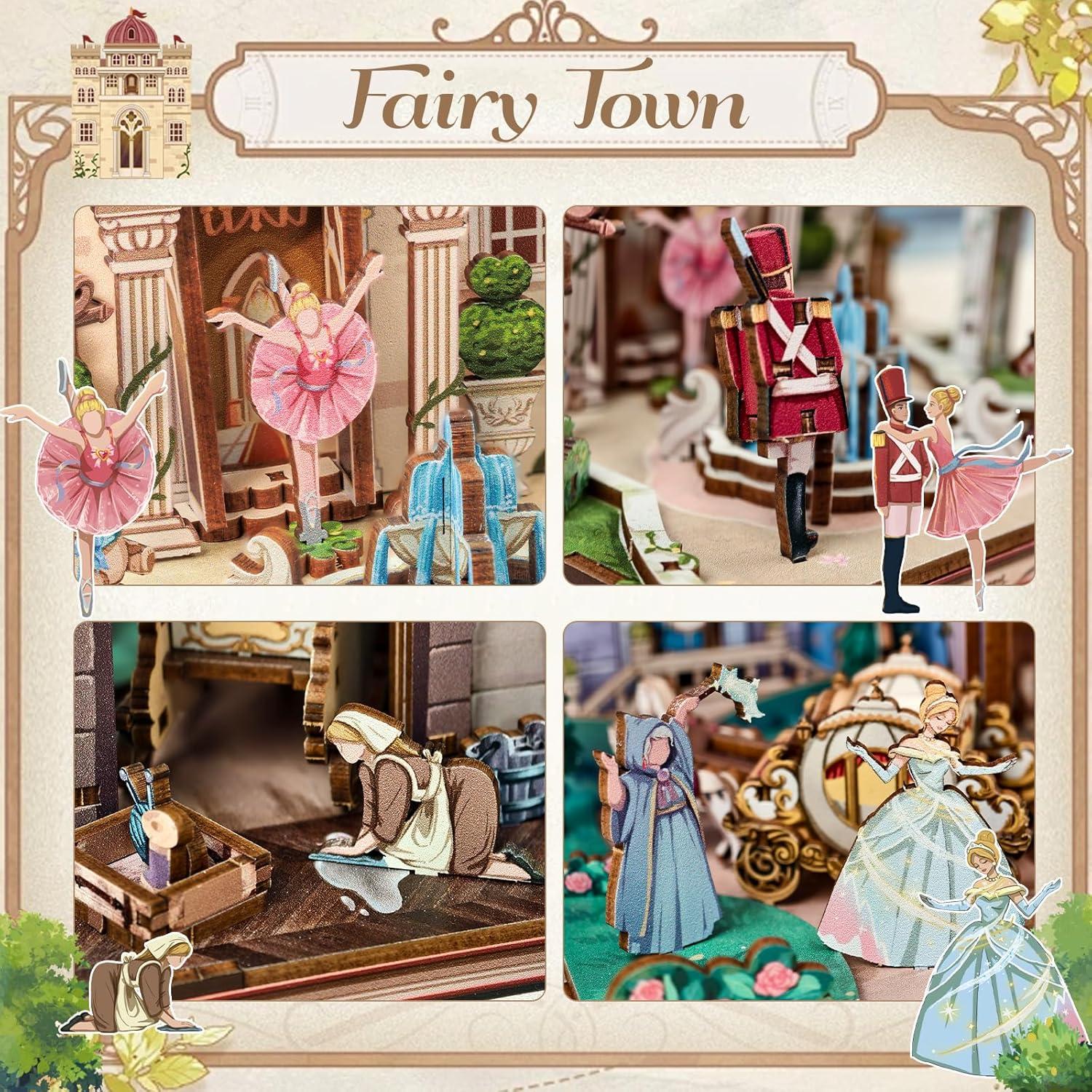 imageCUTEBEE DIY Book Nook Kit Bookend for Shelves 3D Wooden Puzzle Decorative Book Ends Miniature House Kit Dollhouse Bookshelf Decor Model Building Gifts for Family and Friends Fairy Town