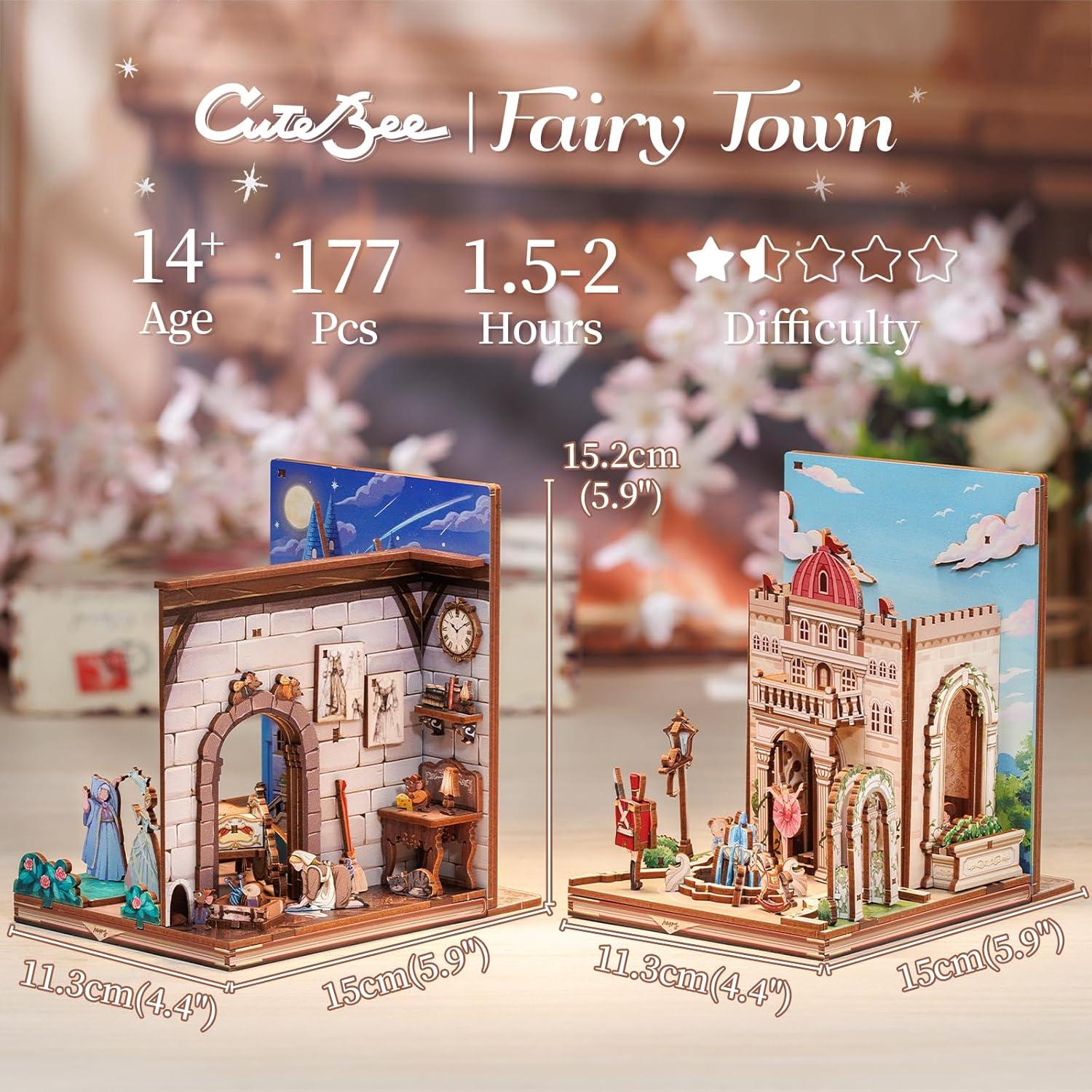 imageCUTEBEE DIY Book Nook Kit Bookend for Shelves 3D Wooden Puzzle Decorative Book Ends Miniature House Kit Dollhouse Bookshelf Decor Model Building Gifts for Family and Friends Fairy Town
