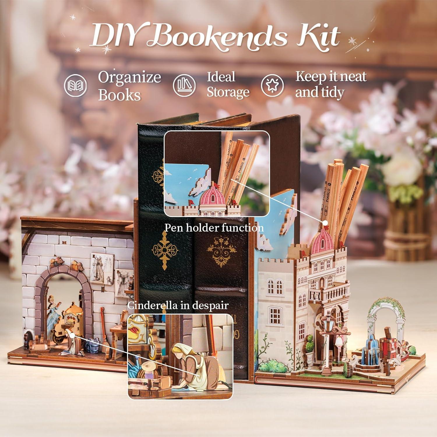 imageCUTEBEE DIY Book Nook Kit Bookend for Shelves 3D Wooden Puzzle Decorative Book Ends Miniature House Kit Dollhouse Bookshelf Decor Model Building Gifts for Family and Friends Fairy Town