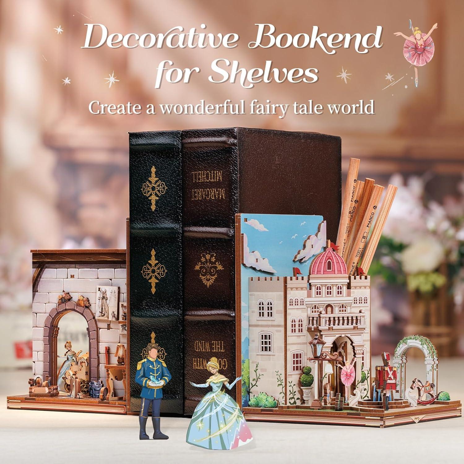 imageCUTEBEE DIY Book Nook Kit Bookend for Shelves 3D Wooden Puzzle Decorative Book Ends Miniature House Kit Dollhouse Bookshelf Decor Model Building Gifts for Family and Friends Fairy Town