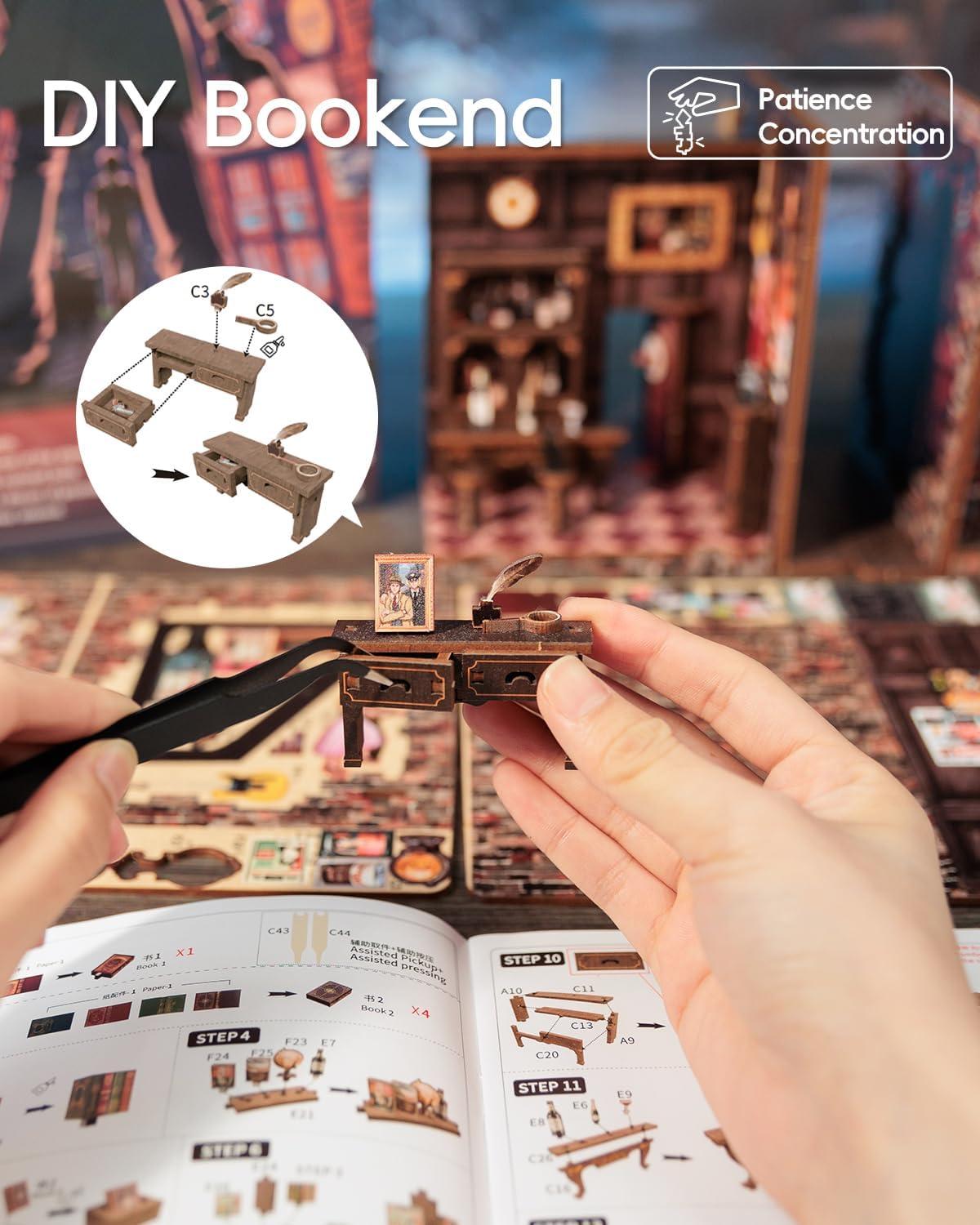 imageCUTEBEE DIY Bookend for Shelves 3D Wooden Puzzle Decorative Book Nook Kit Book Ends Miniature House Bookshelf Room Home Decor for Family