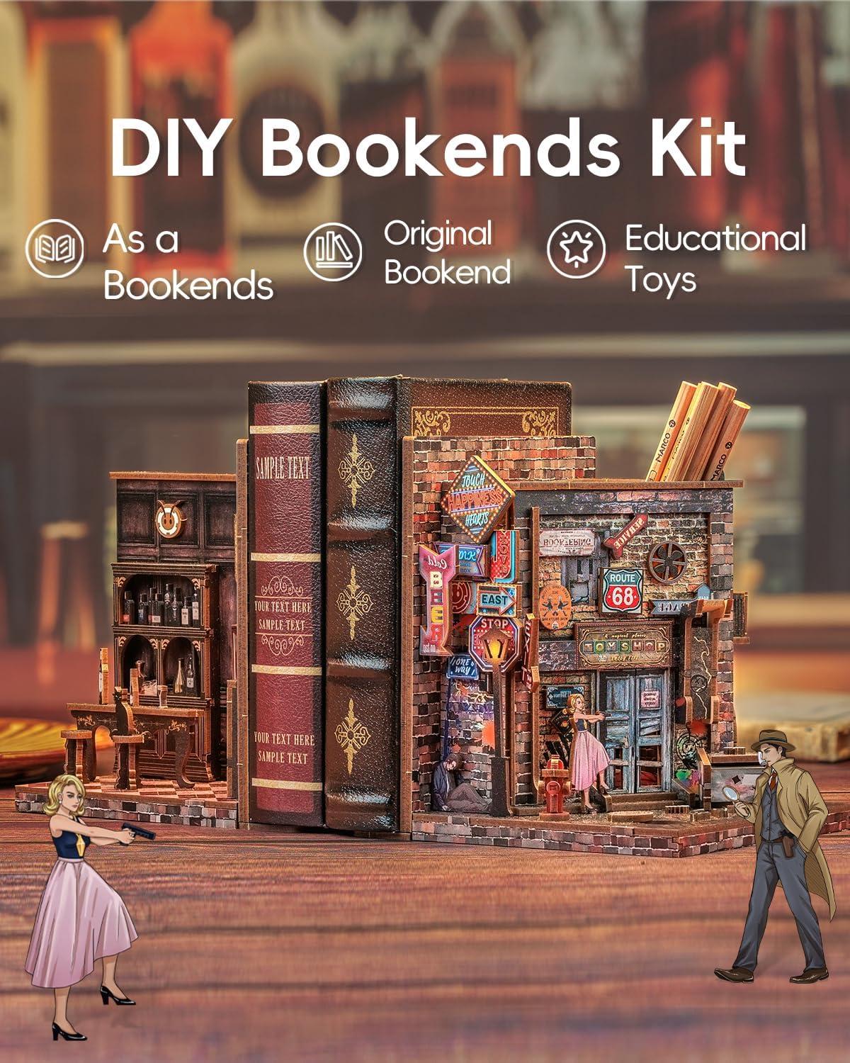 imageCUTEBEE DIY Bookend for Shelves 3D Wooden Puzzle Decorative Book Nook Kit Book Ends Miniature House Bookshelf Room Home Decor for Family