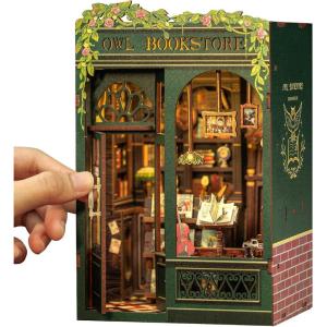 CUTEBEE Book Nook Kit, DIY Miniature House Kits for Adult and Teens, Dollhouse Booknook Tiny House, Bookshelf 3D Wooden Puzzle, DIY Craft Gifts for Family and Friends (Bella’s Ice Cream)(Owl Bookstore)