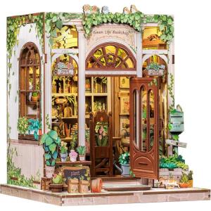 CUTEBEE DIY Book Nook Kit, Miniature House Kits for Adult and Teens, DIY Miniature Book Nook kit with Sensor Led Light, Gifts for Lovers and Family (Muse Bookstore)(Green Life Bookshop)