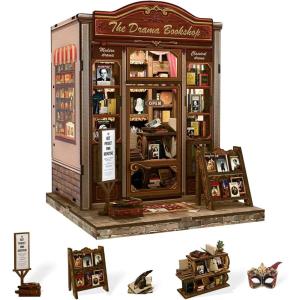 CUTEBEE DIY Book Nook Kit, Miniature House Kits for Adult and Teens, DIY Miniature Book Nook kit with Sensor Led Light, Gifts for Lovers and Family (Muse Bookstore)(Drama Bookshop)