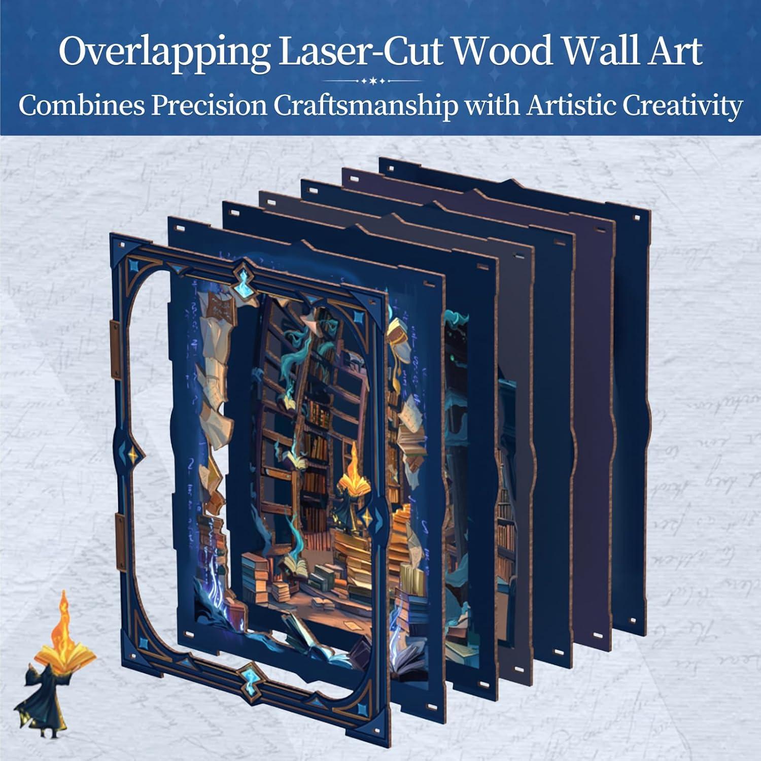 image3D Wall Decoration Wood Wall Art Aesthetic Table Decor Stacking Carving Panels Spooky Home Decoration for Living Room Bedroom House9quotx10quotBlue
