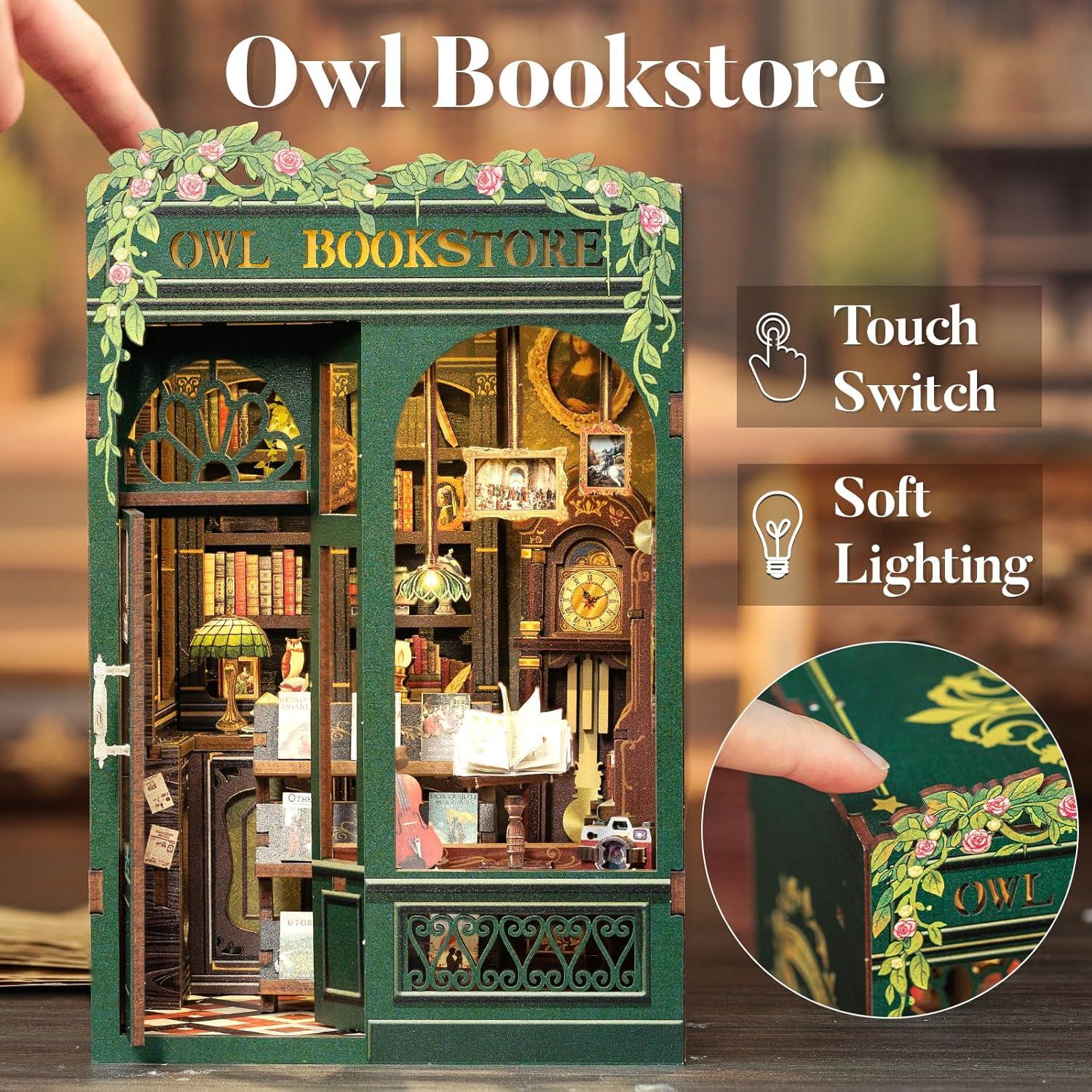 imageCUTEBEE Book Nook Kit DIY Miniature House Kit for Adults Teens and Beginners Dollhouse Booknook Library Tiny House Bookshelf Decor 3D Wooden Puzzle Gifts for Family Friends Owl Bookstore