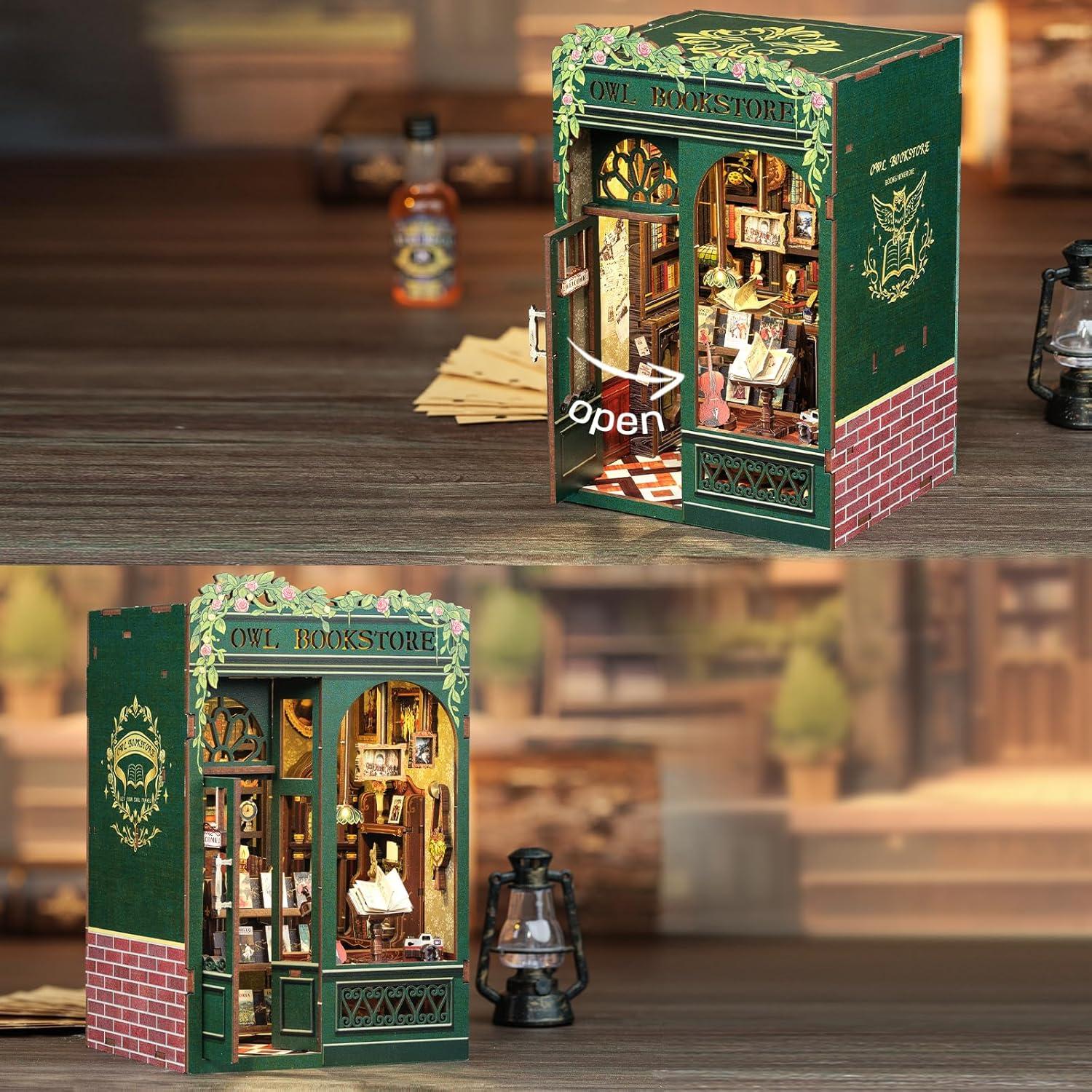 imageCUTEBEE Book Nook Kit DIY Miniature House Kit for Adults Teens and Beginners Dollhouse Booknook Library Tiny House Bookshelf Decor 3D Wooden Puzzle Gifts for Family Friends Owl Bookstore