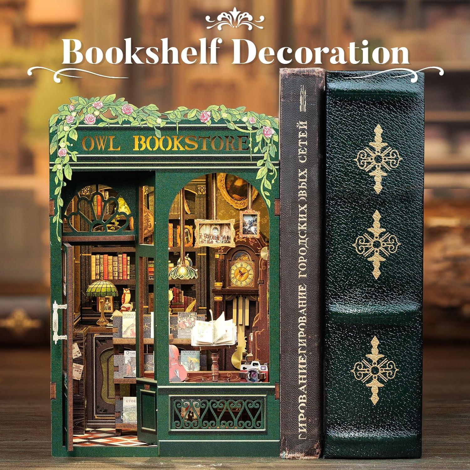imageCUTEBEE Book Nook Kit DIY Miniature House Kit for Adults Teens and Beginners Dollhouse Booknook Library Tiny House Bookshelf Decor 3D Wooden Puzzle Gifts for Family Friends Owl Bookstore