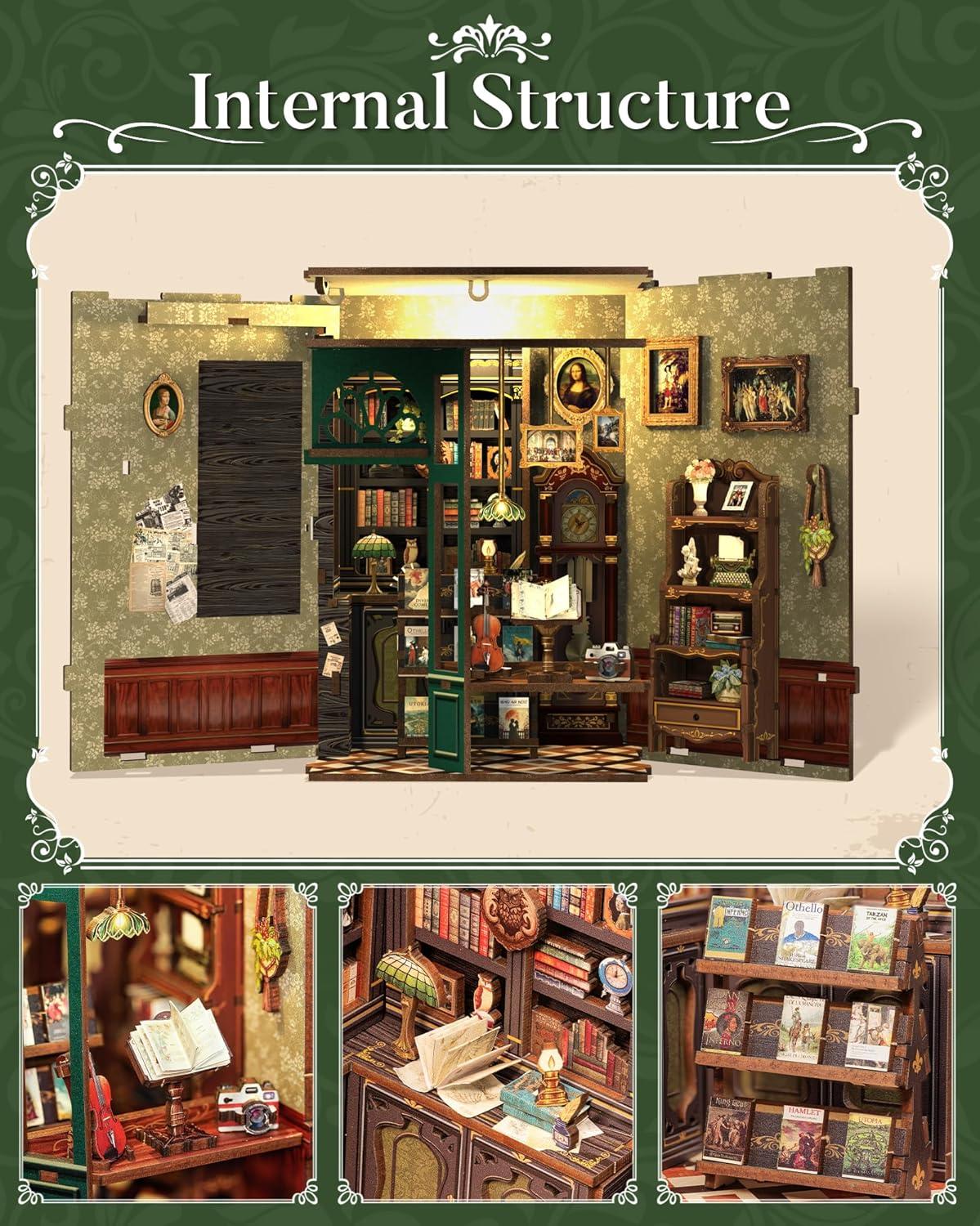 imageCUTEBEE Book Nook Kit DIY Miniature House Kit for Adults Teens and Beginners Dollhouse Booknook Library Tiny House Bookshelf Decor 3D Wooden Puzzle Gifts for Family Friends Owl Bookstore