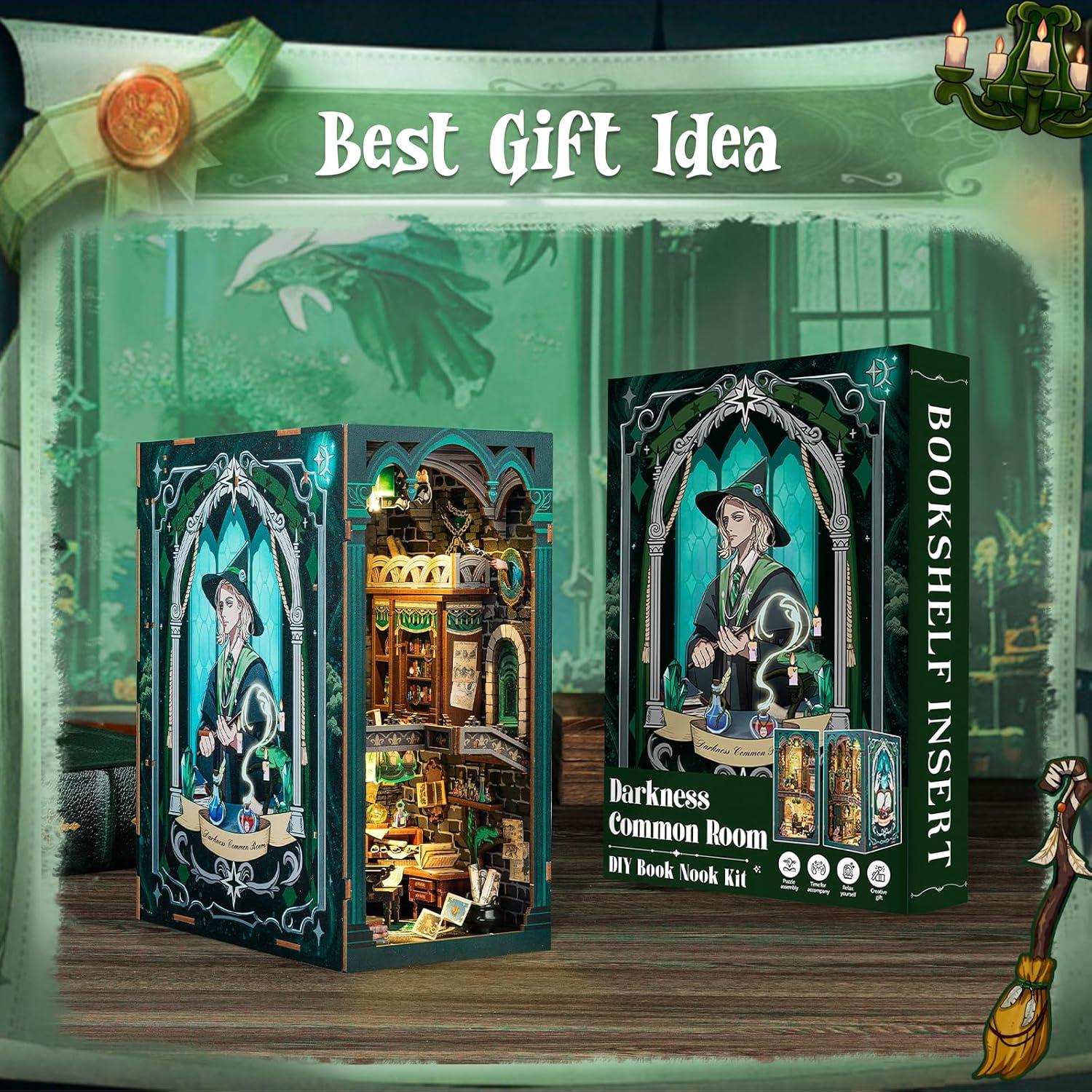 imageCUTEBEE Book Nook Kit DIY Miniature House Magic Dollhouse Kit for Adults Booknook Tiny House Bookshelf Decor 3D Wooden Puzzle Gifts for Family Friends Darkness Common Room