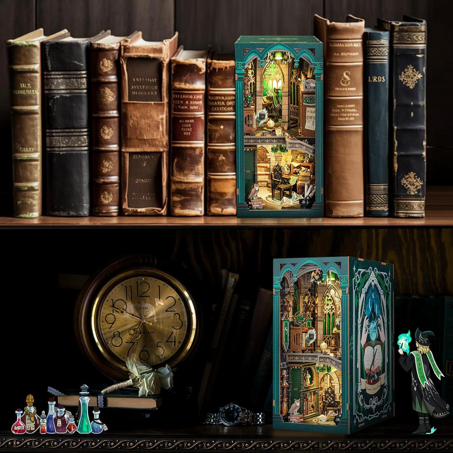 imageCUTEBEE Book Nook Kit DIY Miniature House Magic Dollhouse Kit for Adults Booknook Tiny House Bookshelf Decor 3D Wooden Puzzle Gifts for Family Friends Darkness Common Room