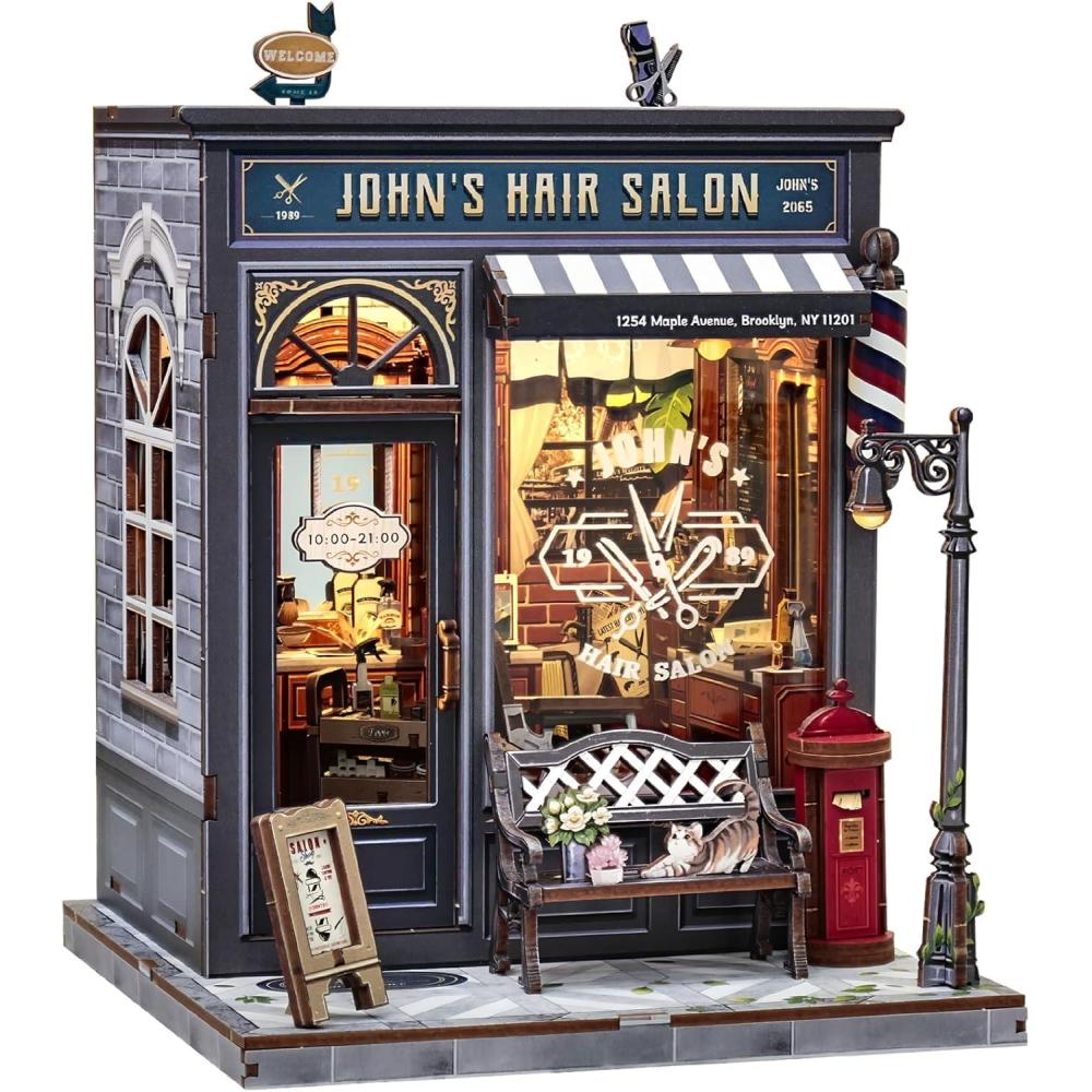 imageCUTEBEE Book Nook Kit DIY Miniature House Dollhouse Kit for Adults Booknook Tiny House Bookshelf Decor 3D Wooden Puzzle Gifts for Family and Friends Library of WisdomJohns Hair Salon