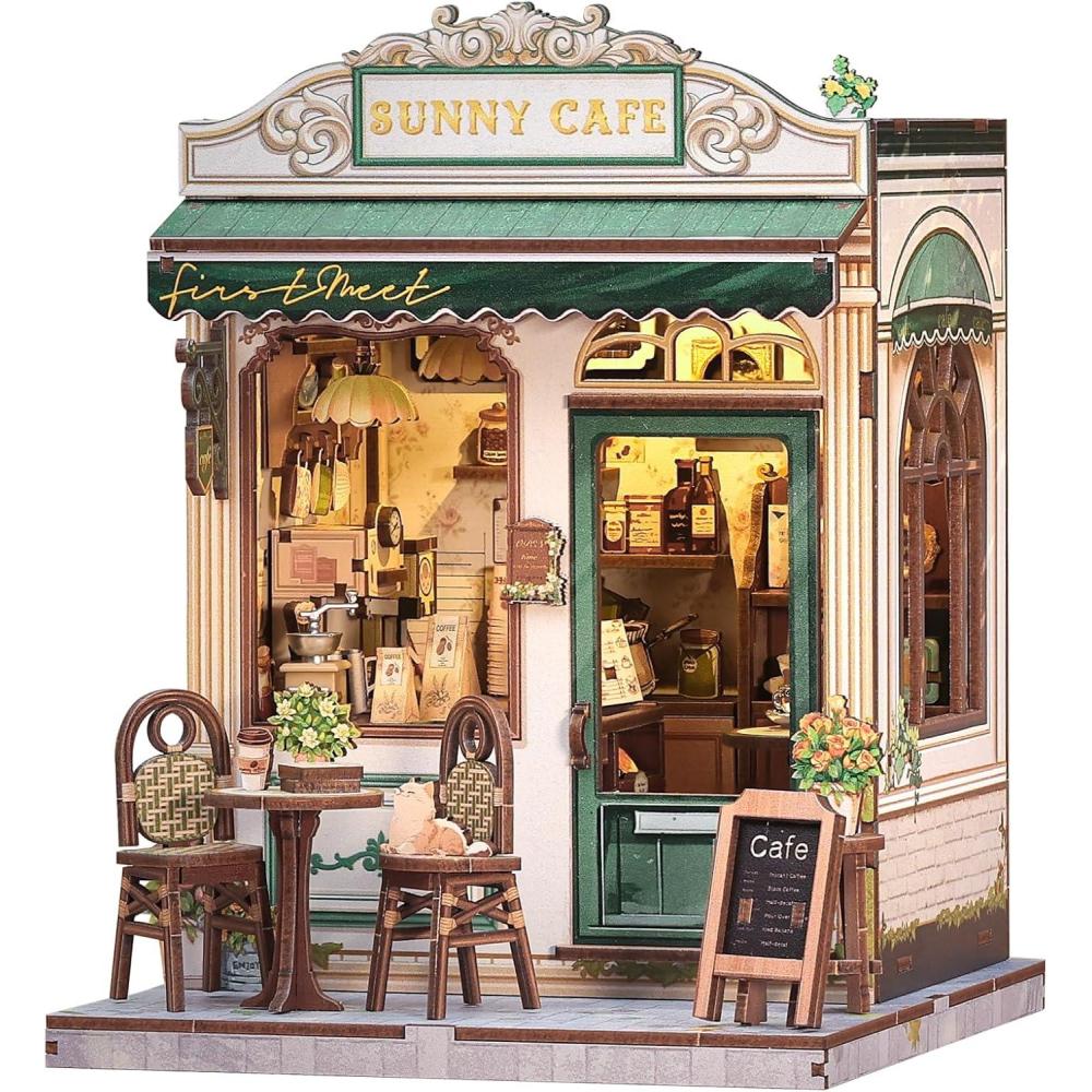 imageCUTEBEE Book Nook Kit DIY Miniature House Dollhouse Kit for Adults and Teens Booknook Tiny Japanese House Bookshelf Decor 3D Wooden Puzzle Gifts for Family Friends MoritaYaSunny Cafe