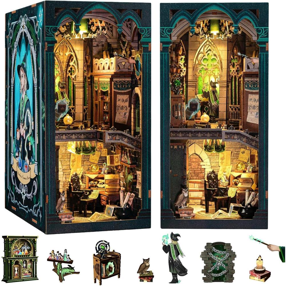 imageCUTEBEE Book Nook Kit DIY Miniature House Kit for Adults and Teens Dollhouse Booknook Tiny House Model Build Bookshelf Decor Gifts for Family FriendsDarkness Common Room