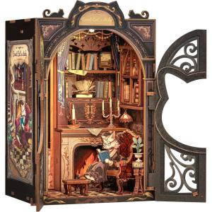 CUTEBEE Book Nook Kit – DIY Miniature House Kit for Adults and Teens, Dollhouse Booknook Tiny House Model Build Bookshelf Decor, Gifts for Family, Friends(Count Cat’s Study)
