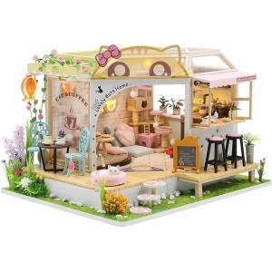 CUTEBEE Dollhouse Miniature House with Furniture, DIY Dollhouse Kit with Dust Proof, Music Movement, 1:24 Scale Creative Room for Gift for Family and Friends (Rose Garden Tea House)(Cat Coffee Garden)