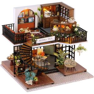 CUTEBEE Dollhouse Miniature House with Furniture, DIY Dollhouse Kit with Dust Proof, Music Movement, 1:24 Scale Creative Room for Gift for Family and Friends (Rose Garden Tea House)(Forest Tea Shop)