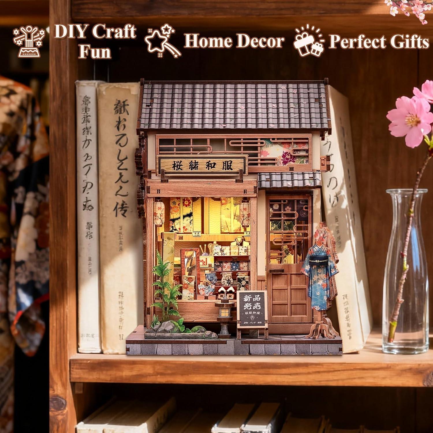 imageCUTEBEE Book Nook Kit Japanese Sakura Kimono Shop DIY Dollhouse 3D Wooden Puzzle Booknook for Adults and Teens Miniature House Bookshelf Decor Ideal Gift for Family and Friends