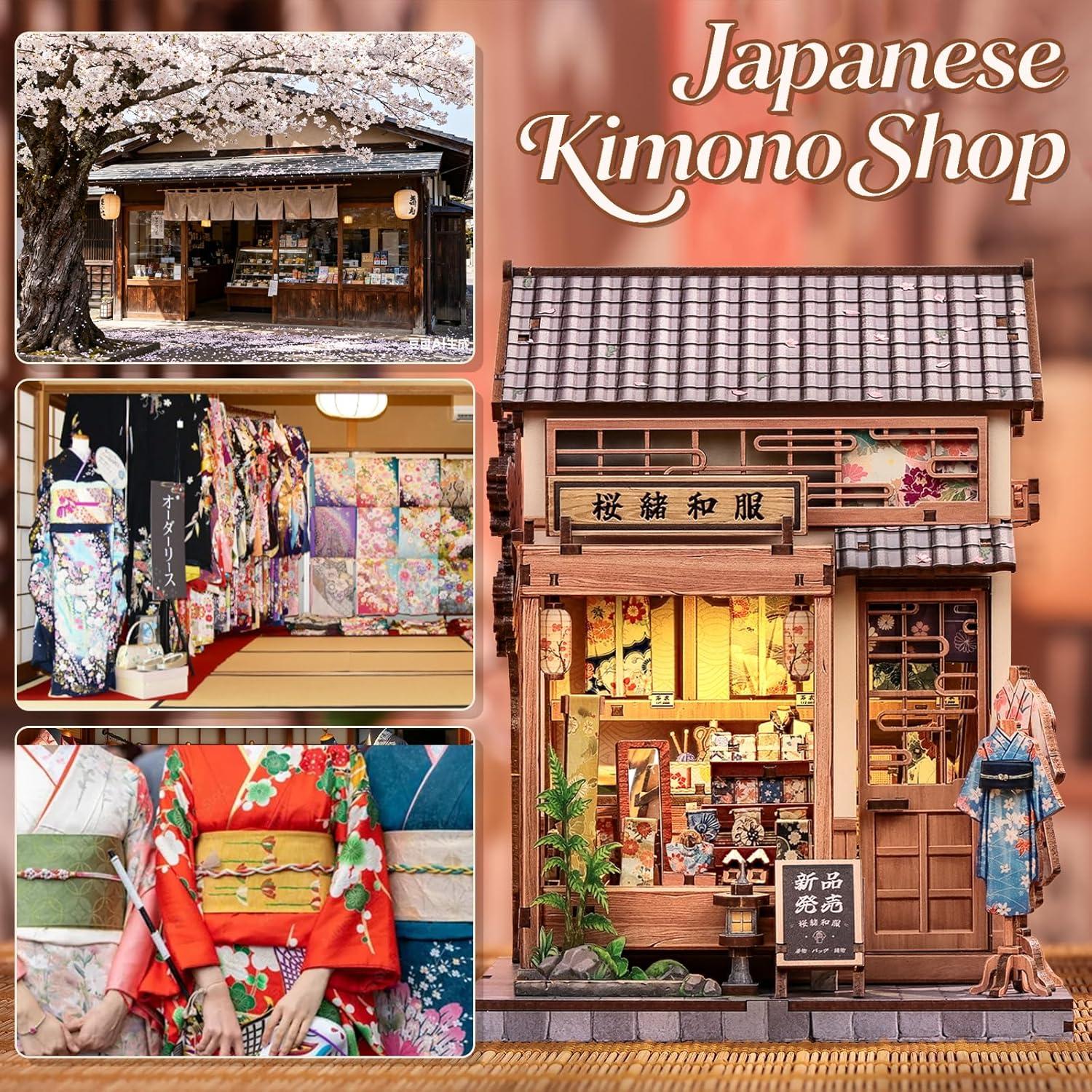 imageCUTEBEE Book Nook Kit Japanese Sakura Kimono Shop DIY Dollhouse 3D Wooden Puzzle Booknook for Adults and Teens Miniature House Bookshelf Decor Ideal Gift for Family and Friends