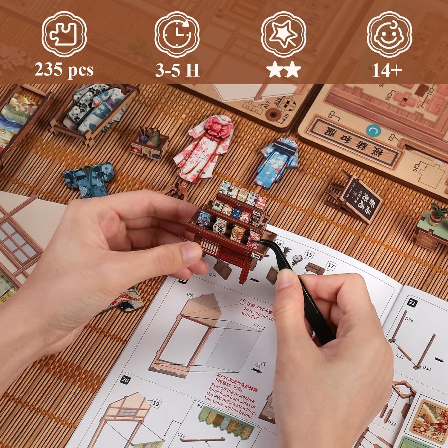 imageCUTEBEE Book Nook Kit Japanese Sakura Kimono Shop DIY Dollhouse 3D Wooden Puzzle Booknook for Adults and Teens Miniature House Bookshelf Decor Ideal Gift for Family and Friends