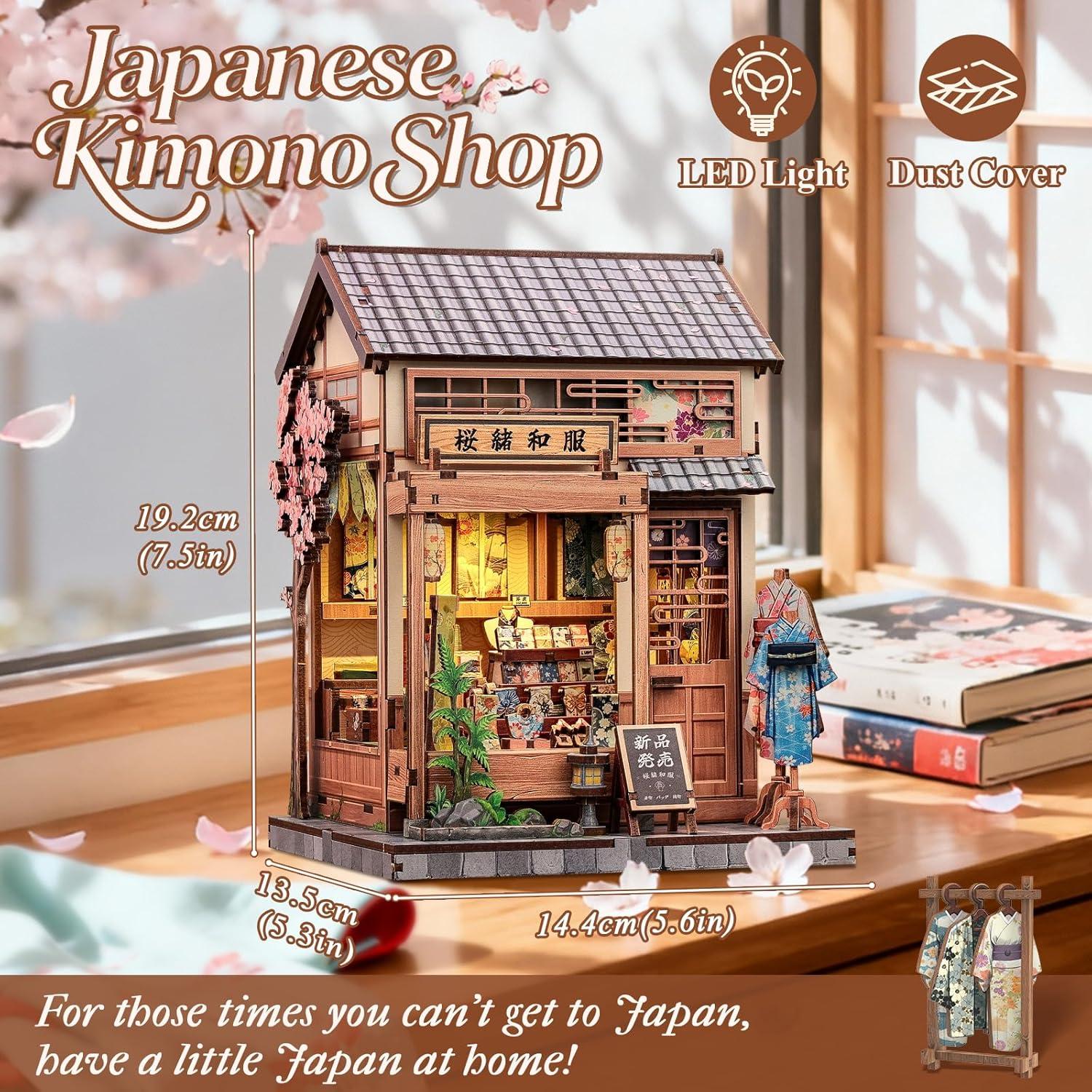 imageCUTEBEE Book Nook Kit Japanese Sakura Kimono Shop DIY Dollhouse 3D Wooden Puzzle Booknook for Adults and Teens Miniature House Bookshelf Decor Ideal Gift for Family and Friends