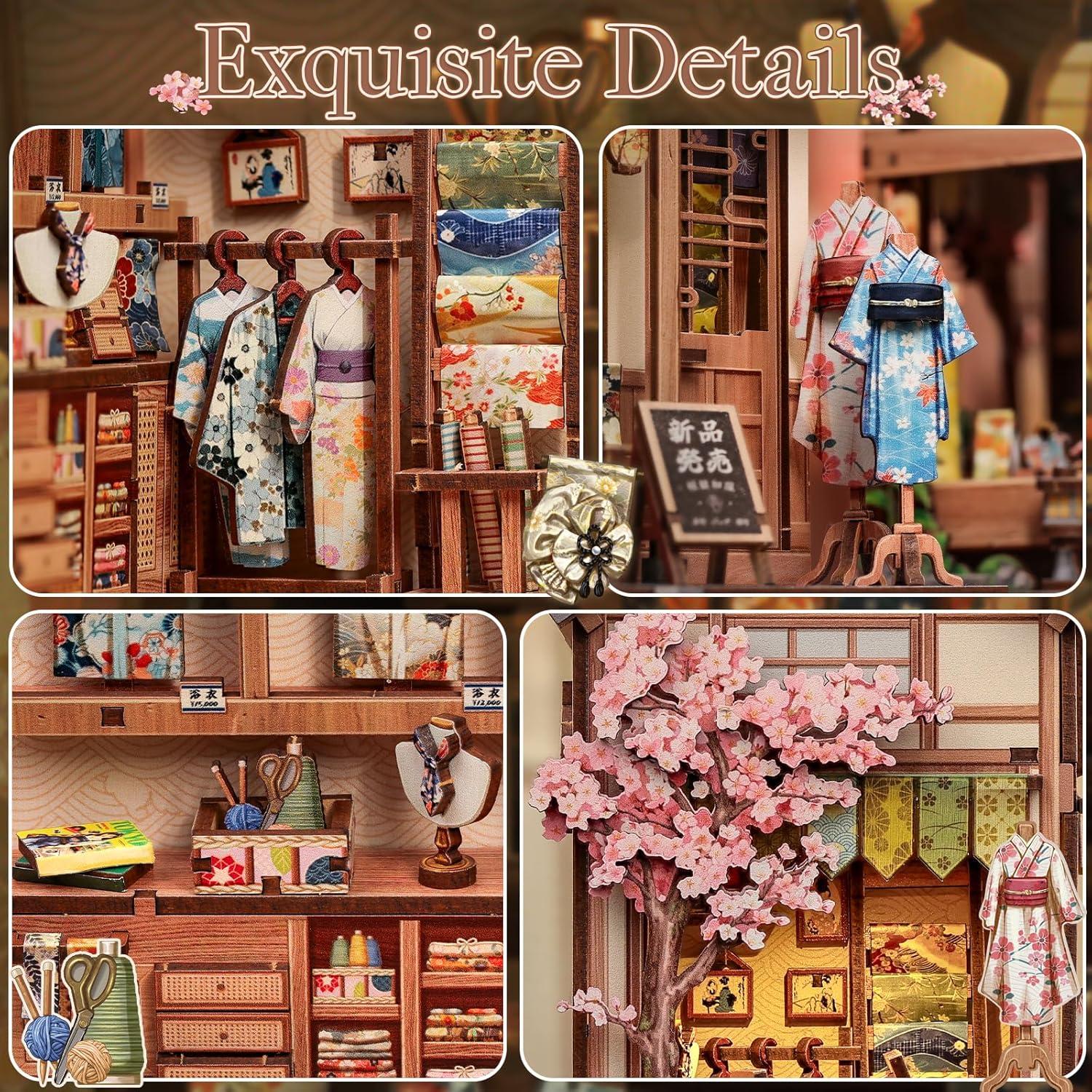 imageCUTEBEE Book Nook Kit Japanese Sakura Kimono Shop DIY Dollhouse 3D Wooden Puzzle Booknook for Adults and Teens Miniature House Bookshelf Decor Ideal Gift for Family and Friends