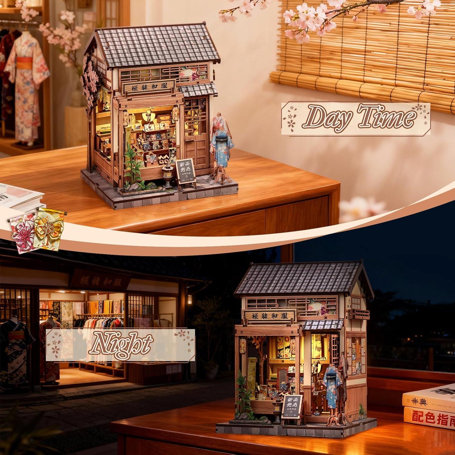 imageCUTEBEE Book Nook Kit Japanese Sakura Kimono Shop DIY Dollhouse 3D Wooden Puzzle Booknook for Adults and Teens Miniature House Bookshelf Decor Ideal Gift for Family and Friends