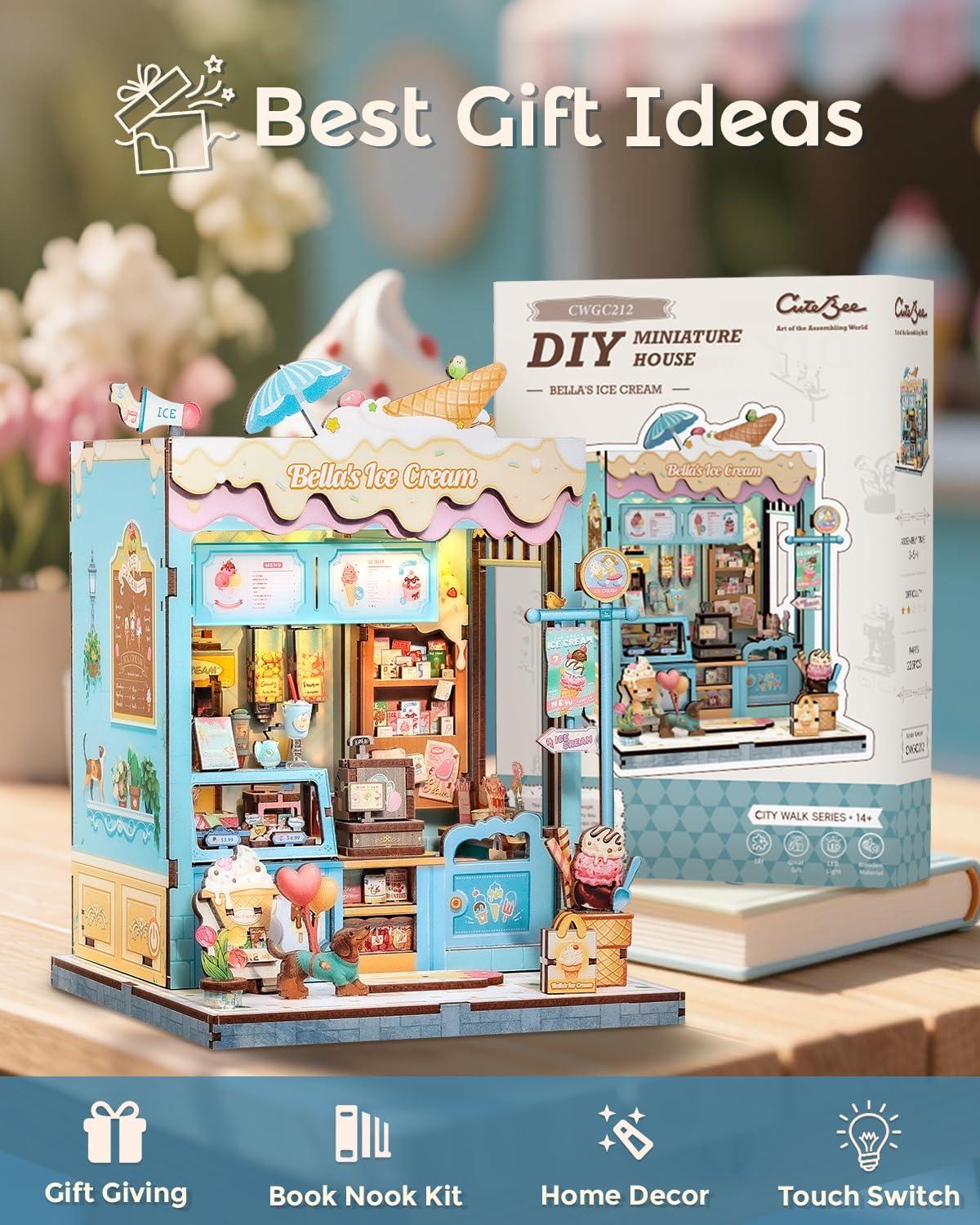 image:imageCUTEBEE Book Nook Kit DIY Miniature House Kits for Adult and Teens Dollhouse Mini Booknook Music House Bookshelf DIY Craft Gifts for Family and FriendsMemories Music BookshopBellas Ice Cream