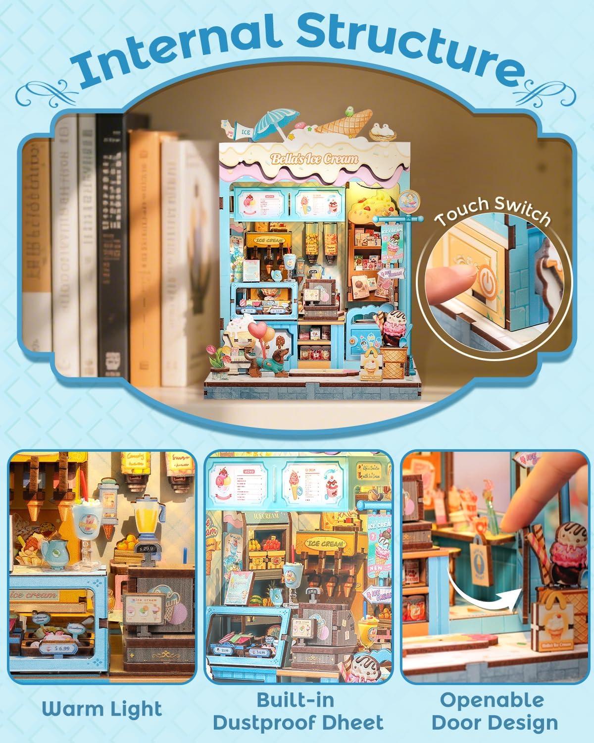 image:imageCUTEBEE Book Nook Kit DIY Miniature House Kits for Adult and Teens Dollhouse Mini Booknook Music House Bookshelf DIY Craft Gifts for Family and FriendsMemories Music BookshopBellas Ice Cream