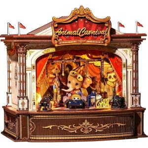 CUTEBEE 3D Wooden Puzzles Music Box – DIY Theater Model Kit with LED Light, 413 Pcs Rotating Miniature House Kit for Adults, Home Bookshelf Decor, Birthday Valentines Day Gifts (Animal Carnival)