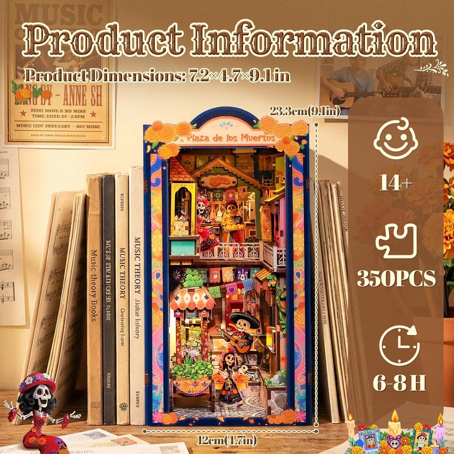 image:imageCUTEBEE Book Nook Kit DIY Miniature House Kit for Adults 3D Wooden Puzzle Bookshelf Insert Decor Day of The Dead Booknook Mexican Folklore LED Miniature Kit Unique Gifts Plaza de Los Muertos