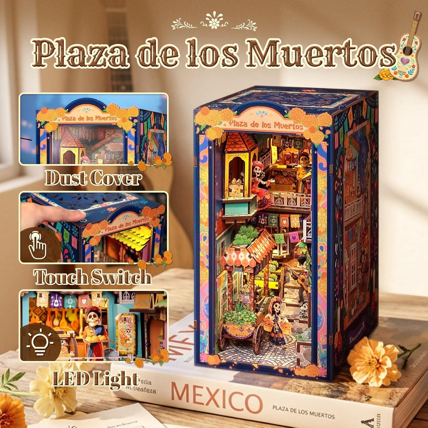 image:imageCUTEBEE Book Nook Kit DIY Miniature House Kit for Adults 3D Wooden Puzzle Bookshelf Insert Decor Day of The Dead Booknook Mexican Folklore LED Miniature Kit Unique Gifts Plaza de Los Muertos