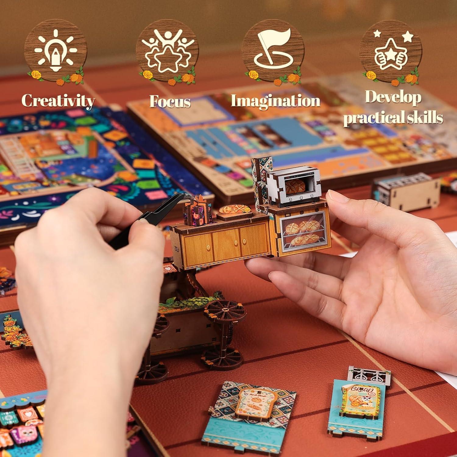 image:imageCUTEBEE Book Nook Kit DIY Miniature House Kit for Adults 3D Wooden Puzzle Bookshelf Insert Decor Day of The Dead Booknook Mexican Folklore LED Miniature Kit Unique Gifts Plaza de Los Muertos