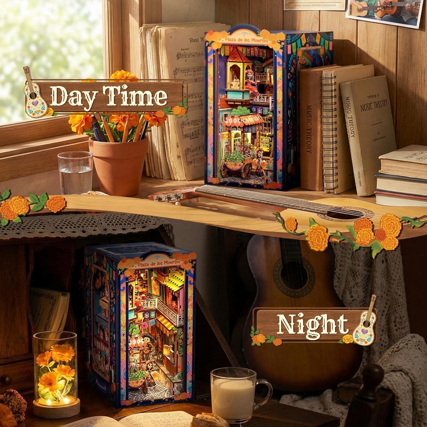 image:imageCUTEBEE Book Nook Kit DIY Miniature House Kit for Adults 3D Wooden Puzzle Bookshelf Insert Decor Day of The Dead Booknook Mexican Folklore LED Miniature Kit Unique Gifts Plaza de Los Muertos
