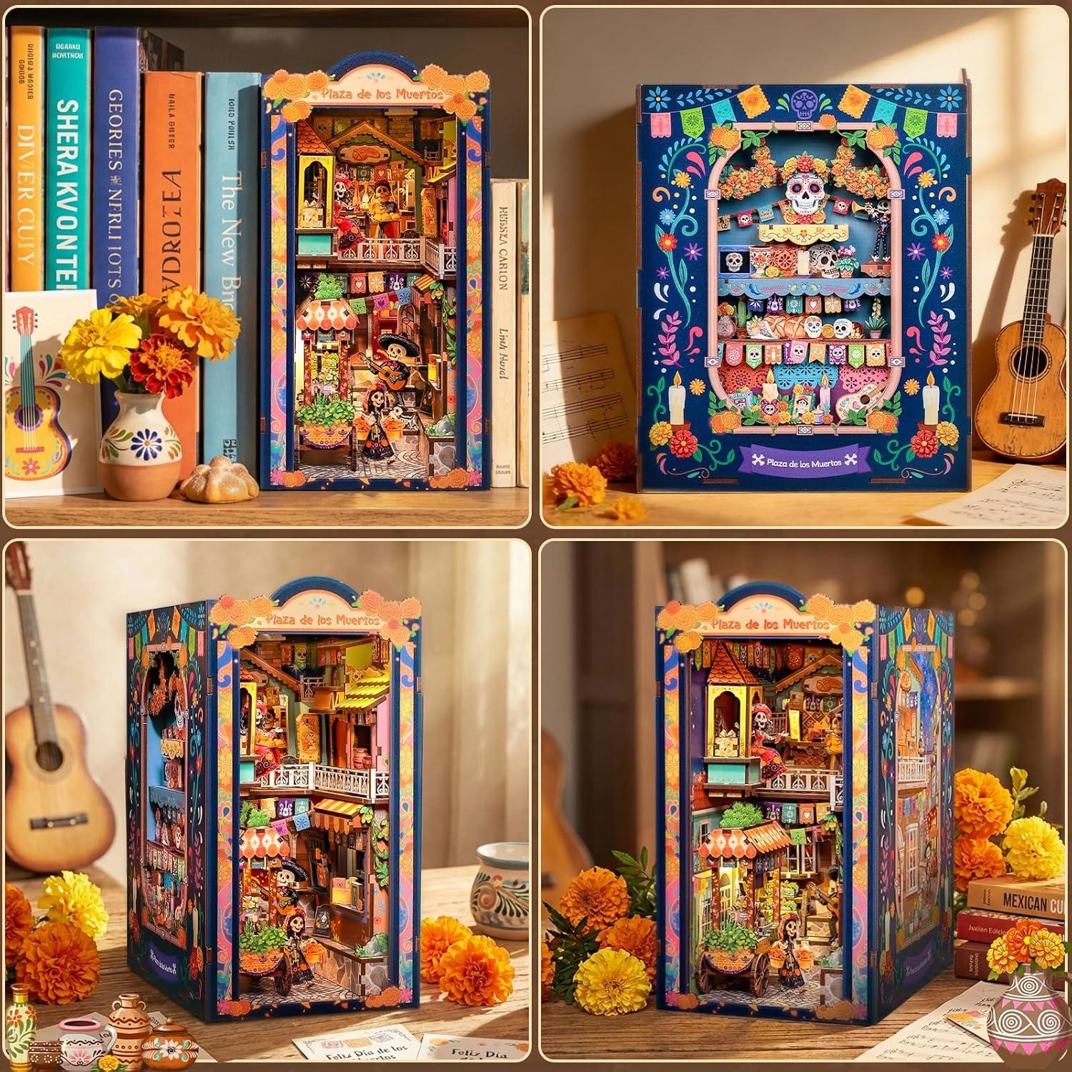 image:imageCUTEBEE Book Nook Kit DIY Miniature House Kit for Adults 3D Wooden Puzzle Bookshelf Insert Decor Day of The Dead Booknook Mexican Folklore LED Miniature Kit Unique Gifts Plaza de Los Muertos