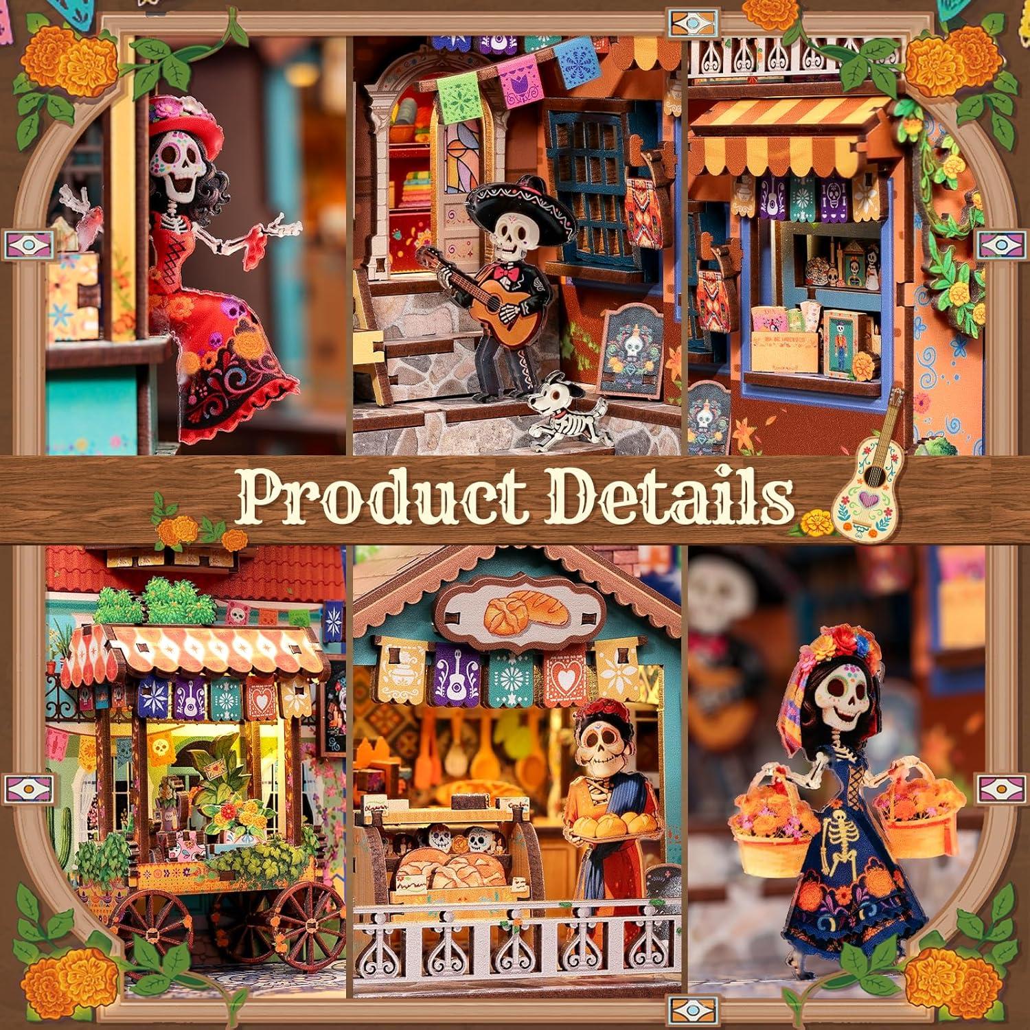 image:imageCUTEBEE Book Nook Kit DIY Miniature House Kit for Adults 3D Wooden Puzzle Bookshelf Insert Decor Day of The Dead Booknook Mexican Folklore LED Miniature Kit Unique Gifts Plaza de Los Muertos