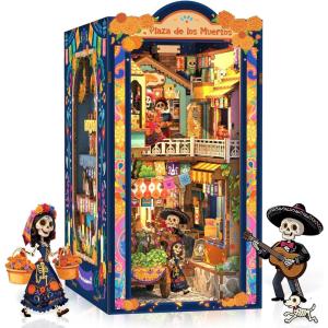 CUTEBEE Book Nook Kit – DIY Miniature House Kit for Adults, 3D Wooden Puzzle Bookshelf Insert Decor, Day of The Dead Booknook, Mexican Folklore LED Miniature Kit, Unique Gifts (Plaza de Los Muertos)