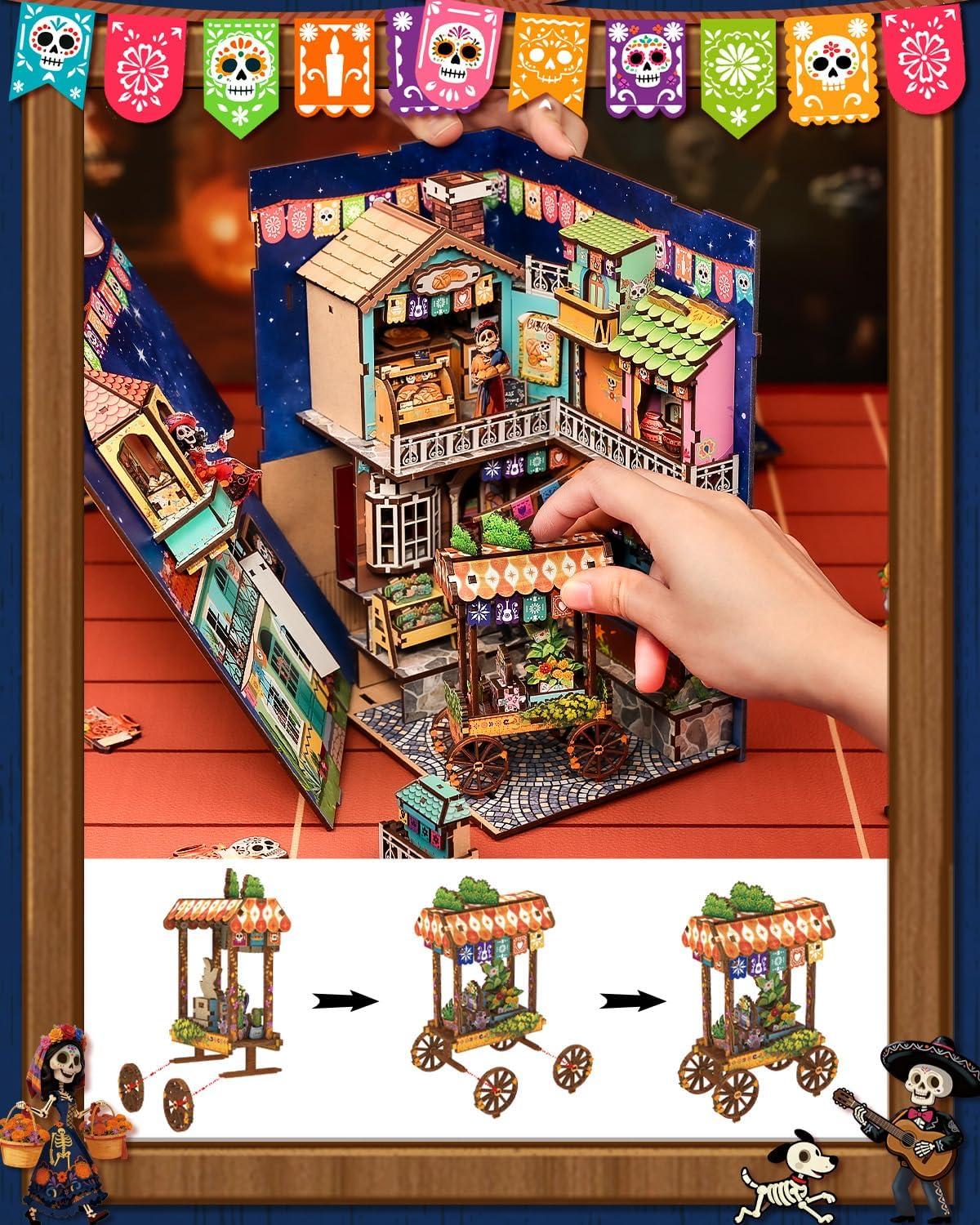 image:imageCUTEBEE Book Nook Kit Mexican Fiesta DIY Miniature Dollhouse Vibrant LED Bookshelf Decor Alley Model for Adults Teens Gifts for Family and FriendsPlaza de Los Muertos