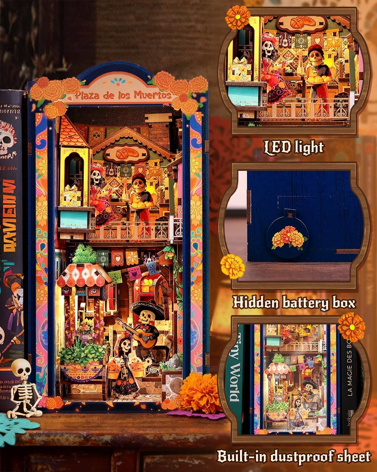 image:imageCUTEBEE Book Nook Kit Mexican Fiesta DIY Miniature Dollhouse Vibrant LED Bookshelf Decor Alley Model for Adults Teens Gifts for Family and FriendsPlaza de Los Muertos