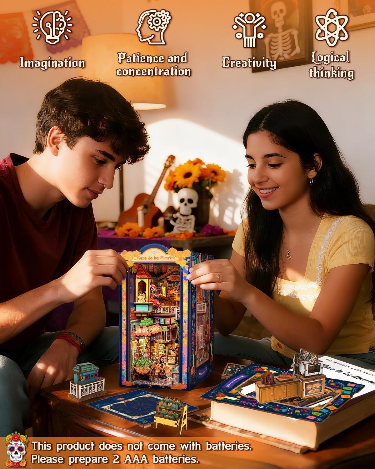image:imageCUTEBEE Book Nook Kit Mexican Fiesta DIY Miniature Dollhouse Vibrant LED Bookshelf Decor Alley Model for Adults Teens Gifts for Family and FriendsPlaza de Los Muertos