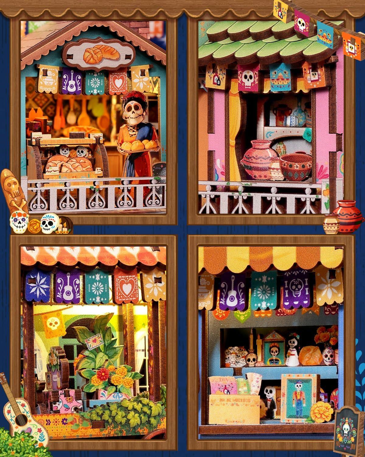 image:imageCUTEBEE Book Nook Kit Mexican Fiesta DIY Miniature Dollhouse Vibrant LED Bookshelf Decor Alley Model for Adults Teens Gifts for Family and FriendsPlaza de Los Muertos
