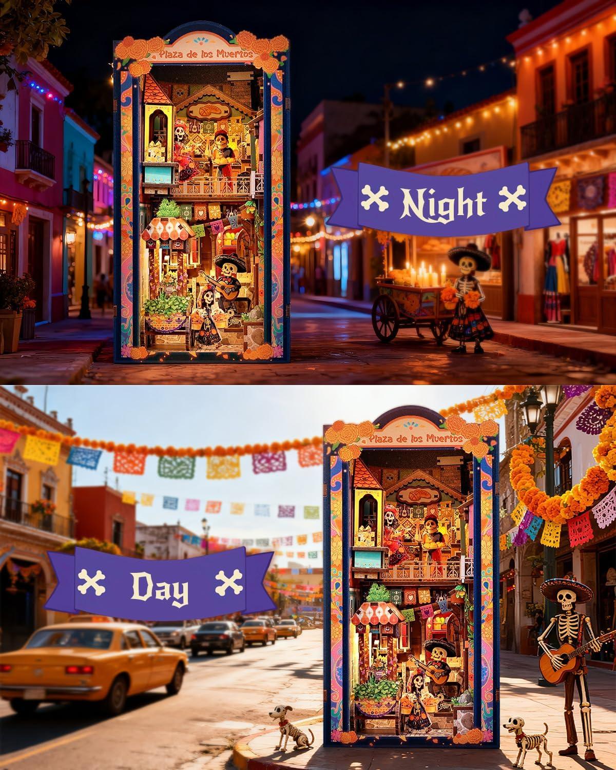 image:imageCUTEBEE Book Nook Kit Mexican Fiesta DIY Miniature Dollhouse Vibrant LED Bookshelf Decor Alley Model for Adults Teens Gifts for Family and FriendsPlaza de Los Muertos
