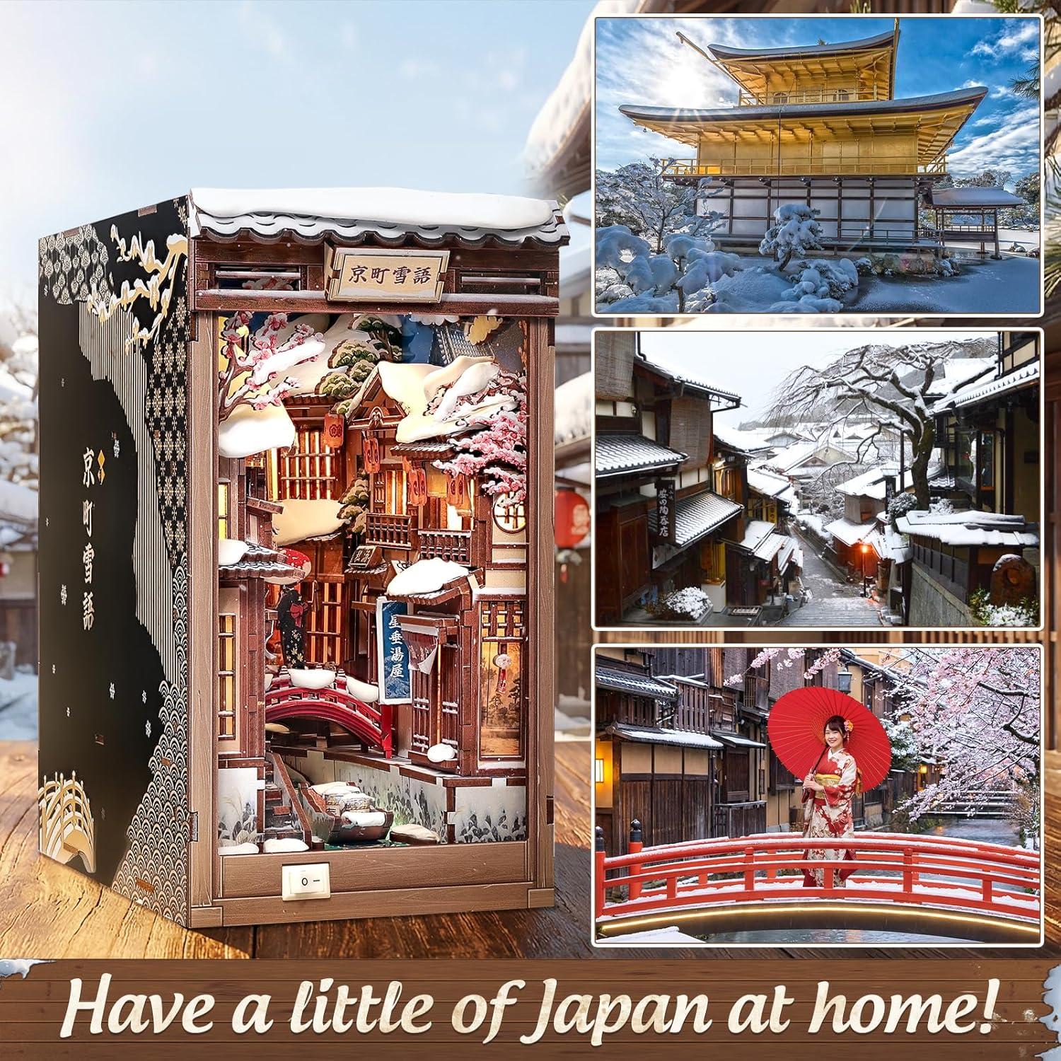 image:imageCUTEBEE Book Nook Kit DIY Miniature House Dollhouse for Adults Japanese Kyoto Winter Street Scene Bookshelf Decor 3D Wooden Puzzle Model Kit Diorama Bookish Gifts Kyoto Snow Scene