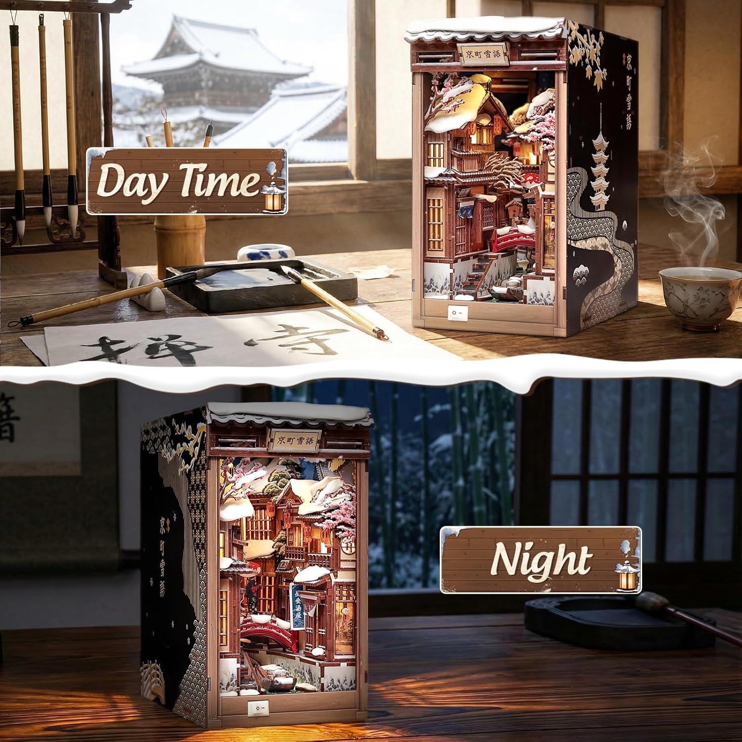image:imageCUTEBEE Book Nook Kit DIY Miniature House Dollhouse for Adults Japanese Kyoto Winter Street Scene Bookshelf Decor 3D Wooden Puzzle Model Kit Diorama Bookish Gifts Kyoto Snow Scene