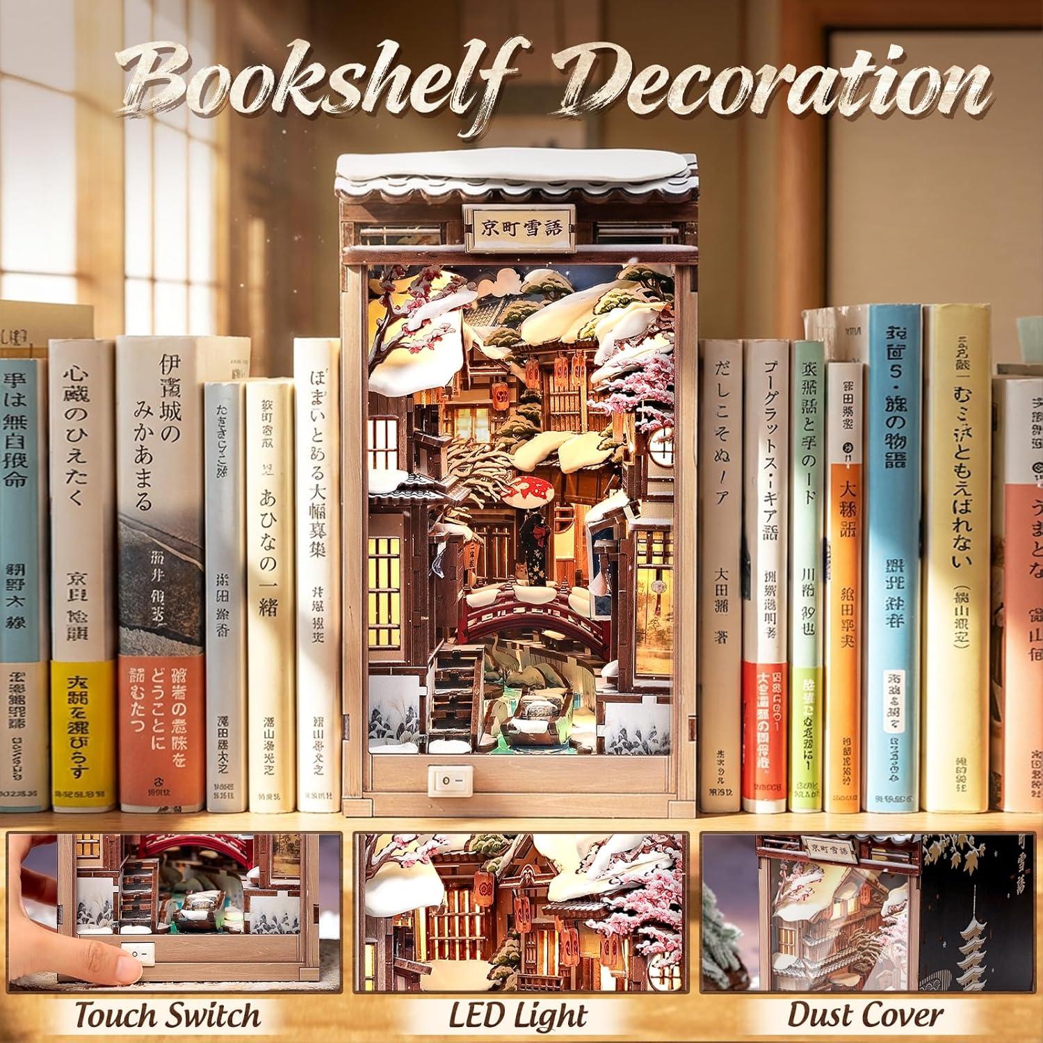 image:imageCUTEBEE Book Nook Kit DIY Miniature House Dollhouse for Adults Japanese Kyoto Winter Street Scene Bookshelf Decor 3D Wooden Puzzle Model Kit Diorama Bookish Gifts Kyoto Snow Scene