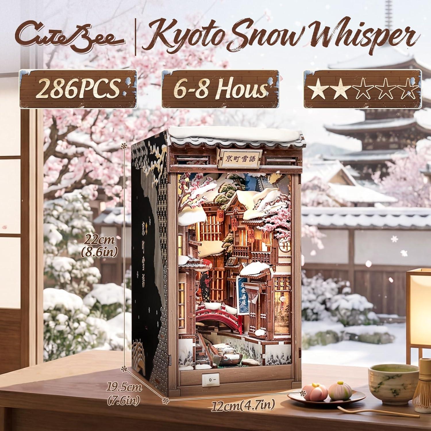 image:imageCUTEBEE Book Nook Kit DIY Miniature House Dollhouse for Adults Japanese Kyoto Winter Street Scene Bookshelf Decor 3D Wooden Puzzle Model Kit Diorama Bookish Gifts Kyoto Snow Scene