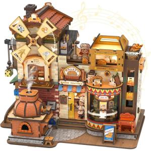CUTEBEE 3D Wooden Puzzles for Adults – Bread Factory Bakery Wooden Mechanical Model DIY Building Kit with Music and Lights, Bookshelf Decor, 576pcs DIY Craft Gifts for Adults（Bread Factory）