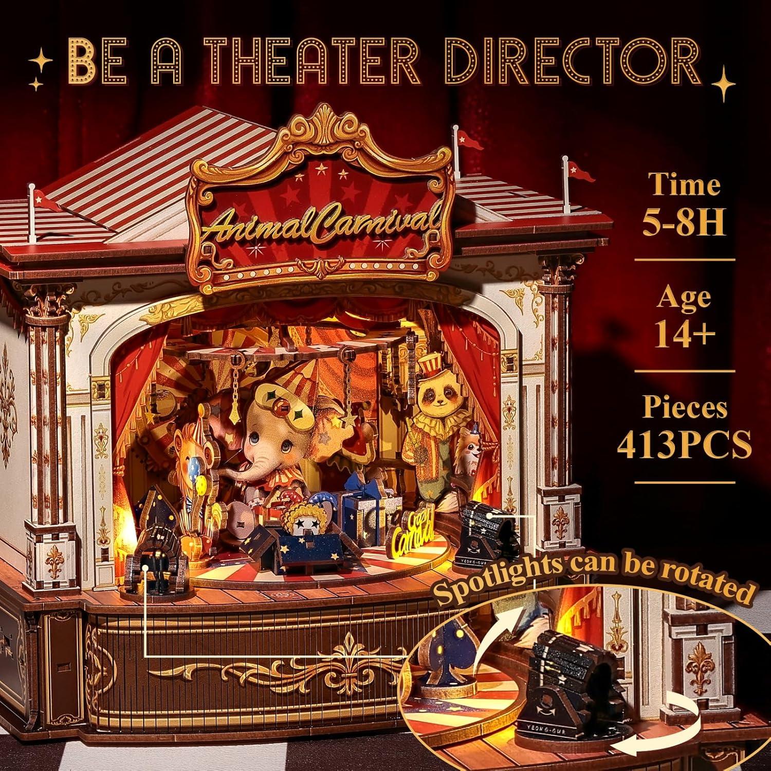 image:imageCUTEBEE 3D Puzzles Wooden Theater for Adults DIY Music Box Rotating Miniature House Kit Model Building Set with LED Light Home Bookshelf Decor Unique Birthday Gifts