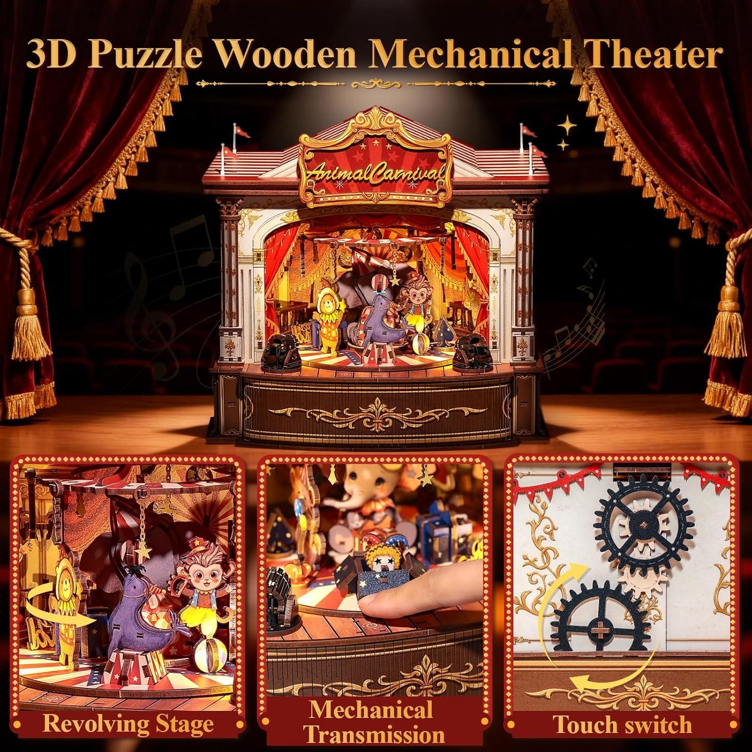 image:imageCUTEBEE 3D Puzzles Wooden Theater for Adults DIY Music Box Rotating Miniature House Kit Model Building Set with LED Light Home Bookshelf Decor Unique Birthday Gifts